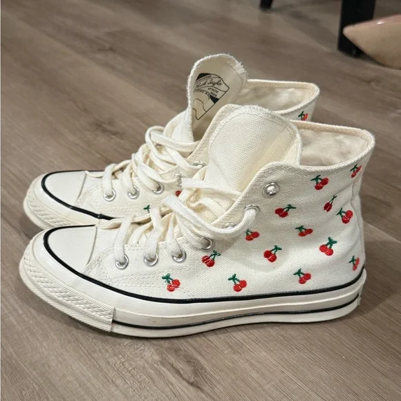 Converse Cream High Top Sneakers with Red Cherry Embroidery - Picture 2 of 9